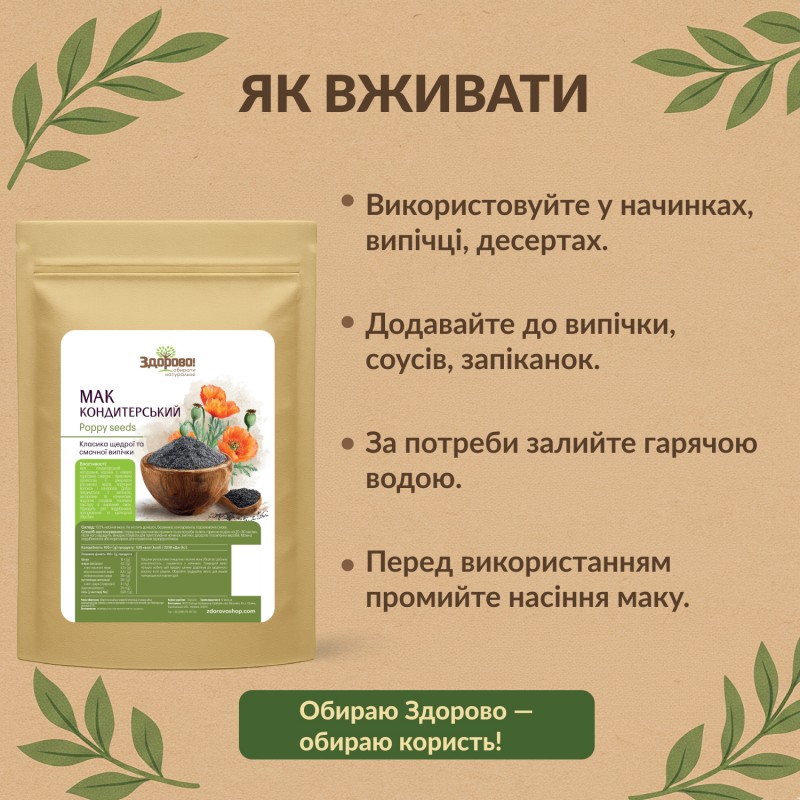 Мак Здорово інфографіка як використовувати: промити, за потреби запарити 20–30 хв, підсипати